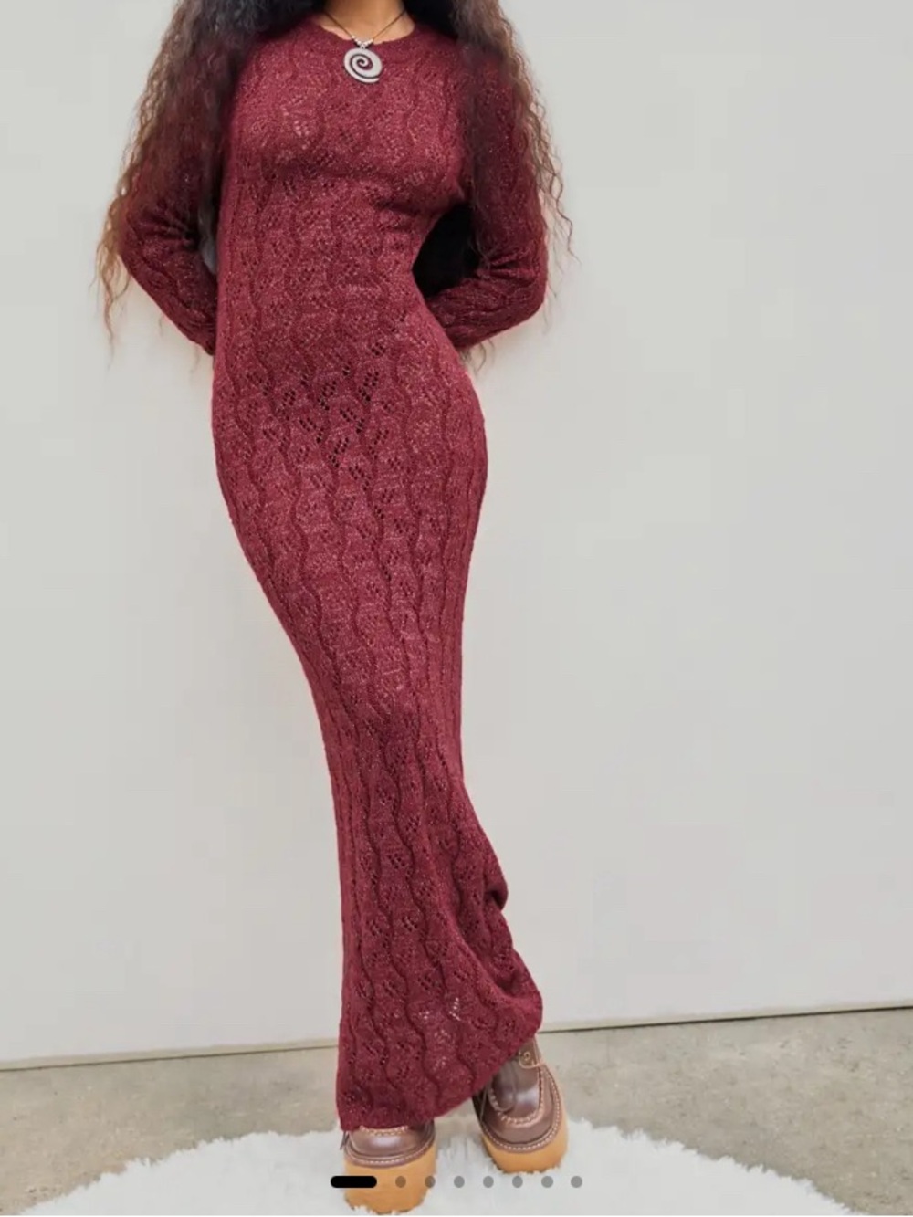 Long Cable-Knit Sweater Dress in Deep Red